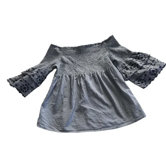 BeachLunchLounge, large, blue embroidered off the shoulder top. Cotton. - Picture 4 of 10